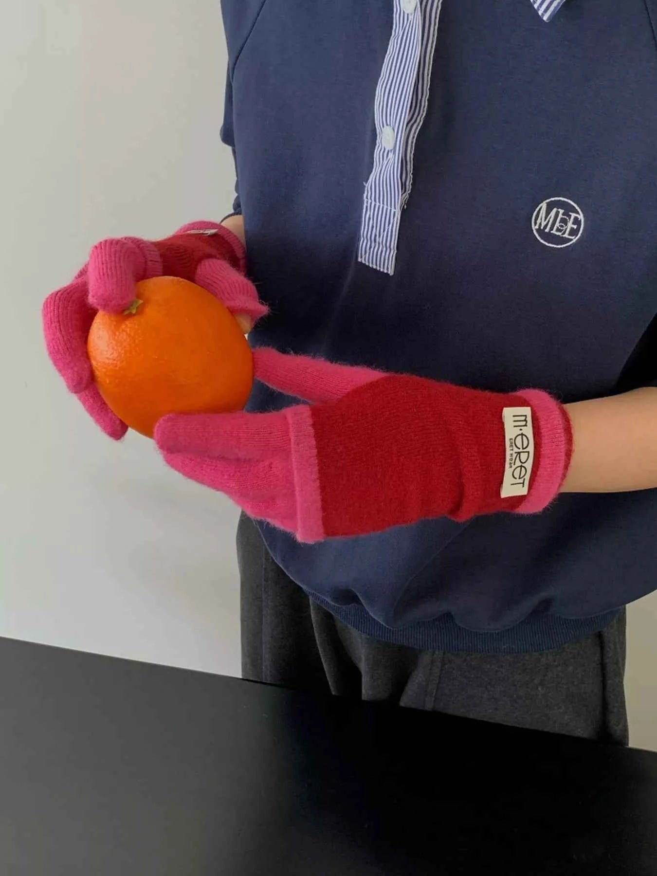 Two Tone Warm Knit Gloves Set Trendsi Tomato Red ONESIZE