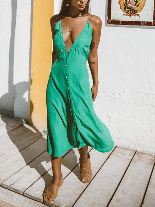 TEEK - Buttoned Plunge Cami Dress DRESS TEEK Trend Green S 