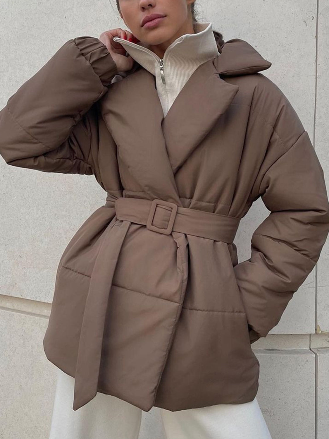 Puffer Long Sleeve Winter Coat with Belt TEEK Trend Taupe S