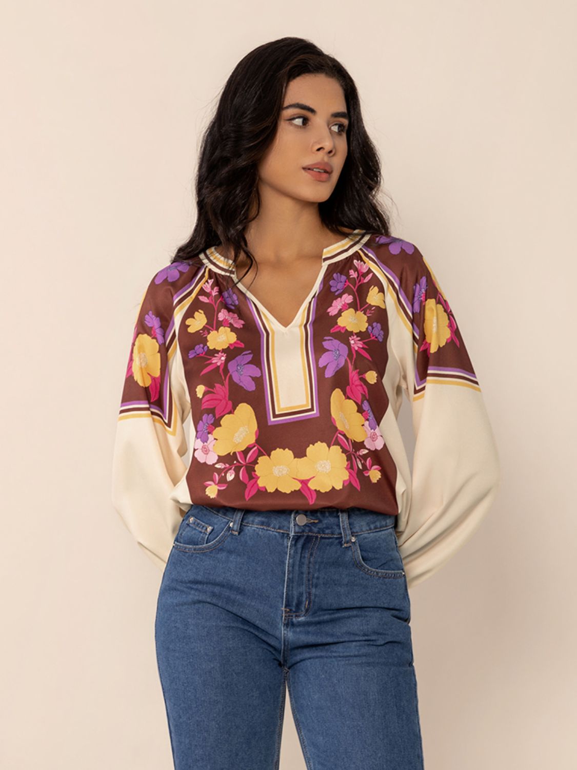 TEEK - Multicolor Printed Notched Long Sleeve Blouse TOPS TEEK Trend