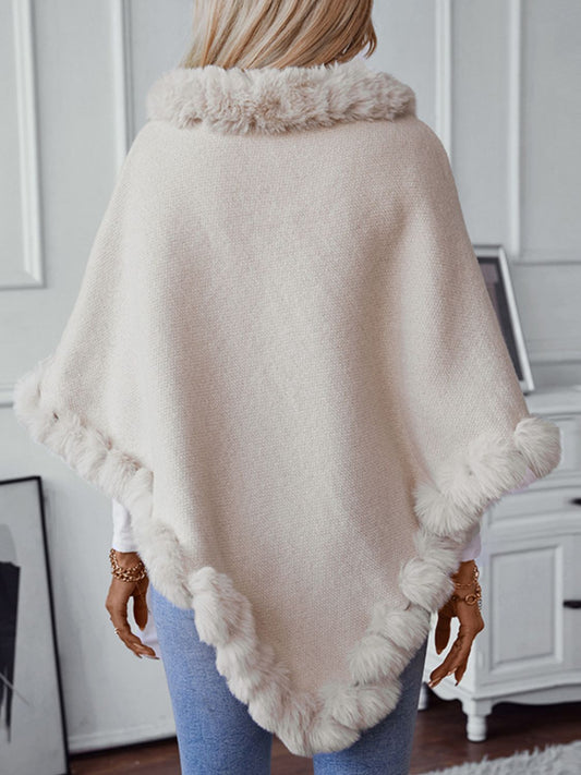 TEEK - Fuzzy Trim Texture Three-Quarter Sleeve Poncho JACKET TEEK Trend