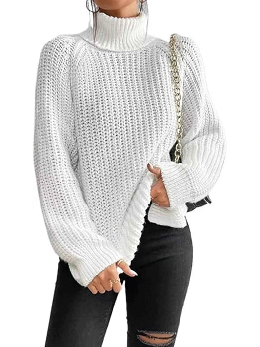 TEEK - Chunky Knit Turtleneck Long Sleeve Sweater SCARF TEEK Trend White S
