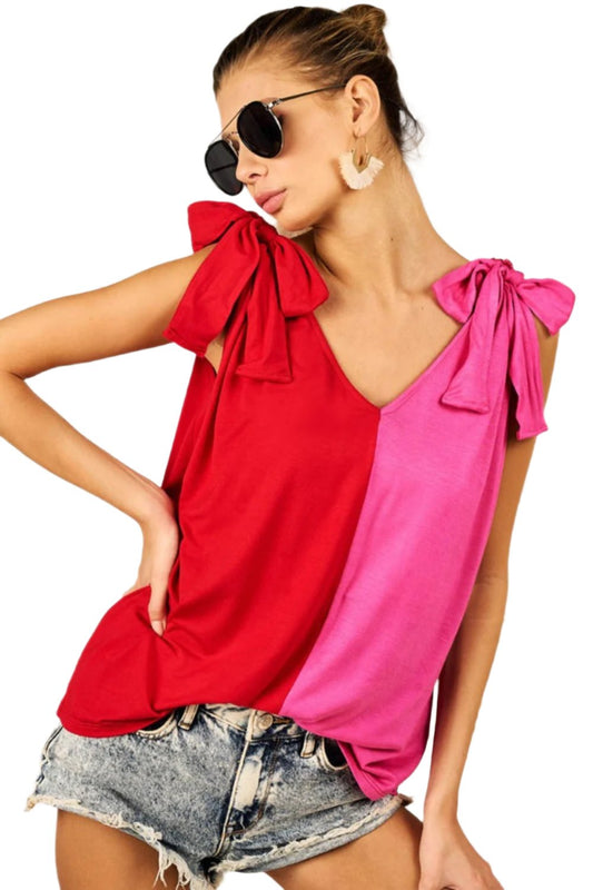 TEEK - Red Fuchsia Shoulder Ribbon Tied Contrast Tank TOPS TEEK Trend S  