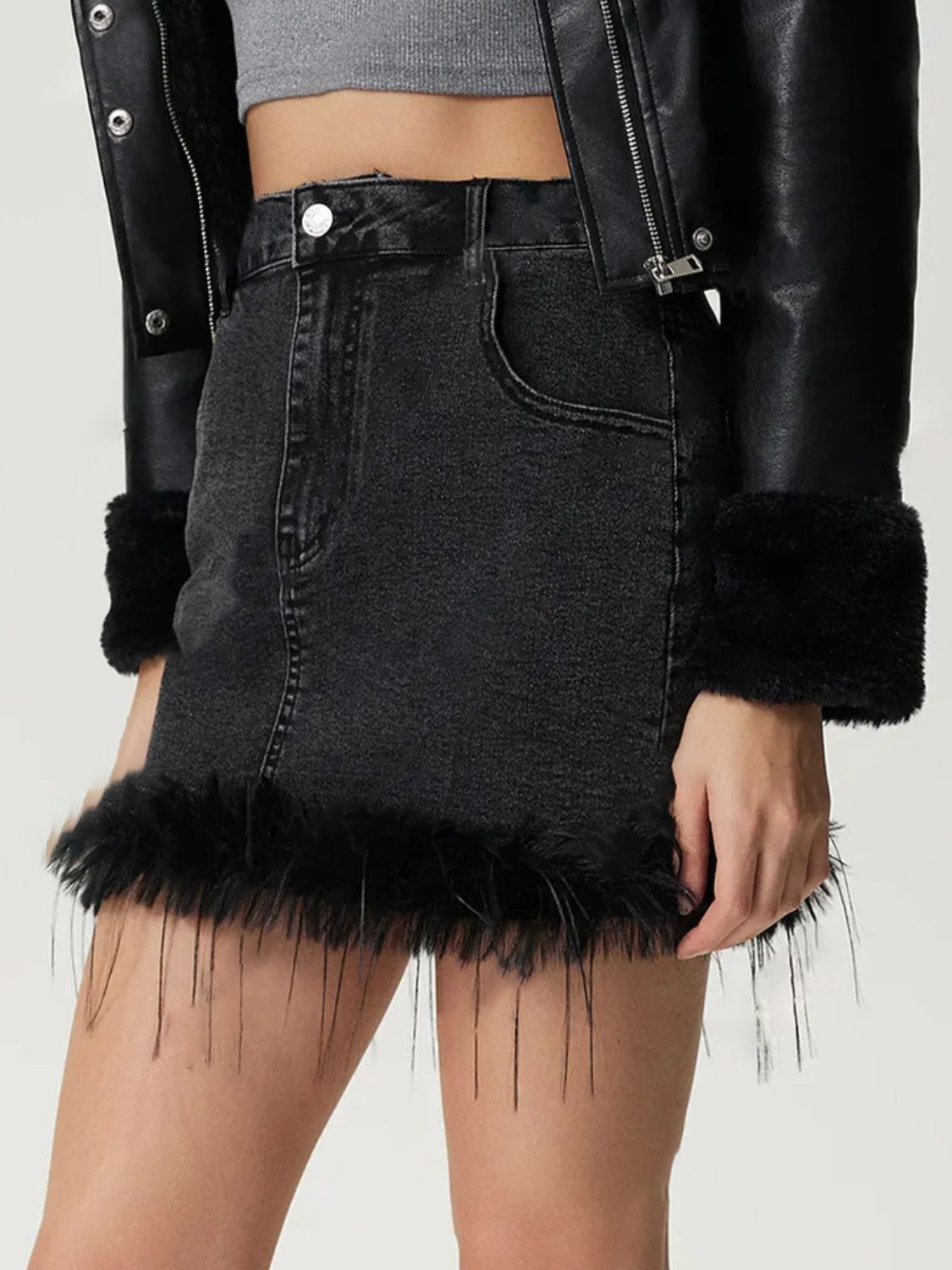 TEEK - Black Plush Hem Mini Denim Skirt TEEK Trend