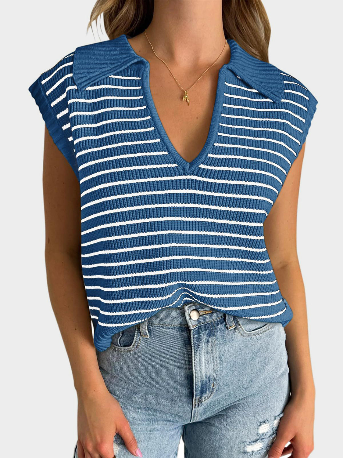 TEEK - Mandy Collared Neck Striped Sweater Vest TOPS TEEK Trend Blue S