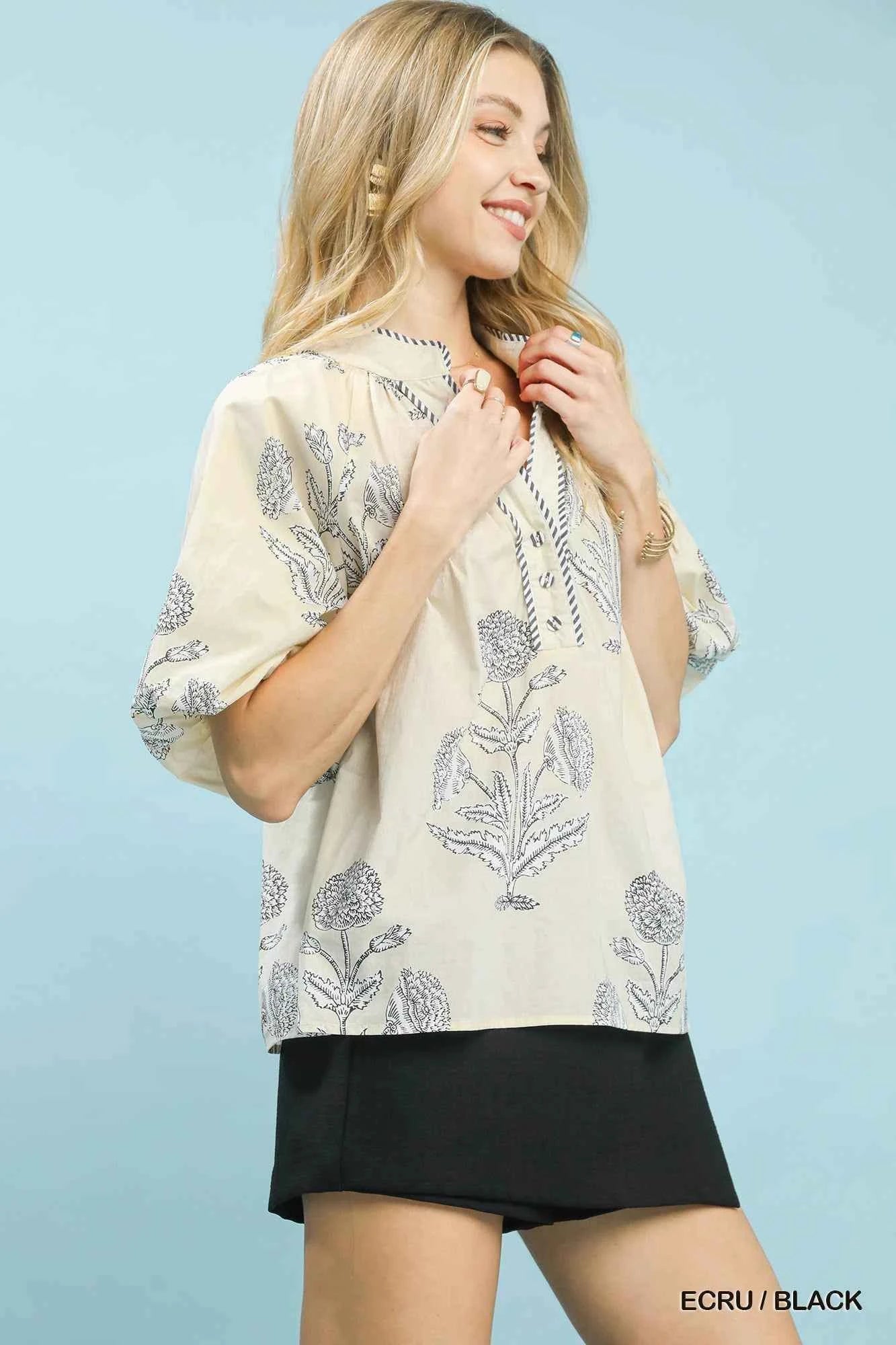 Umgee Floral Print V-Neck Top Trendsi