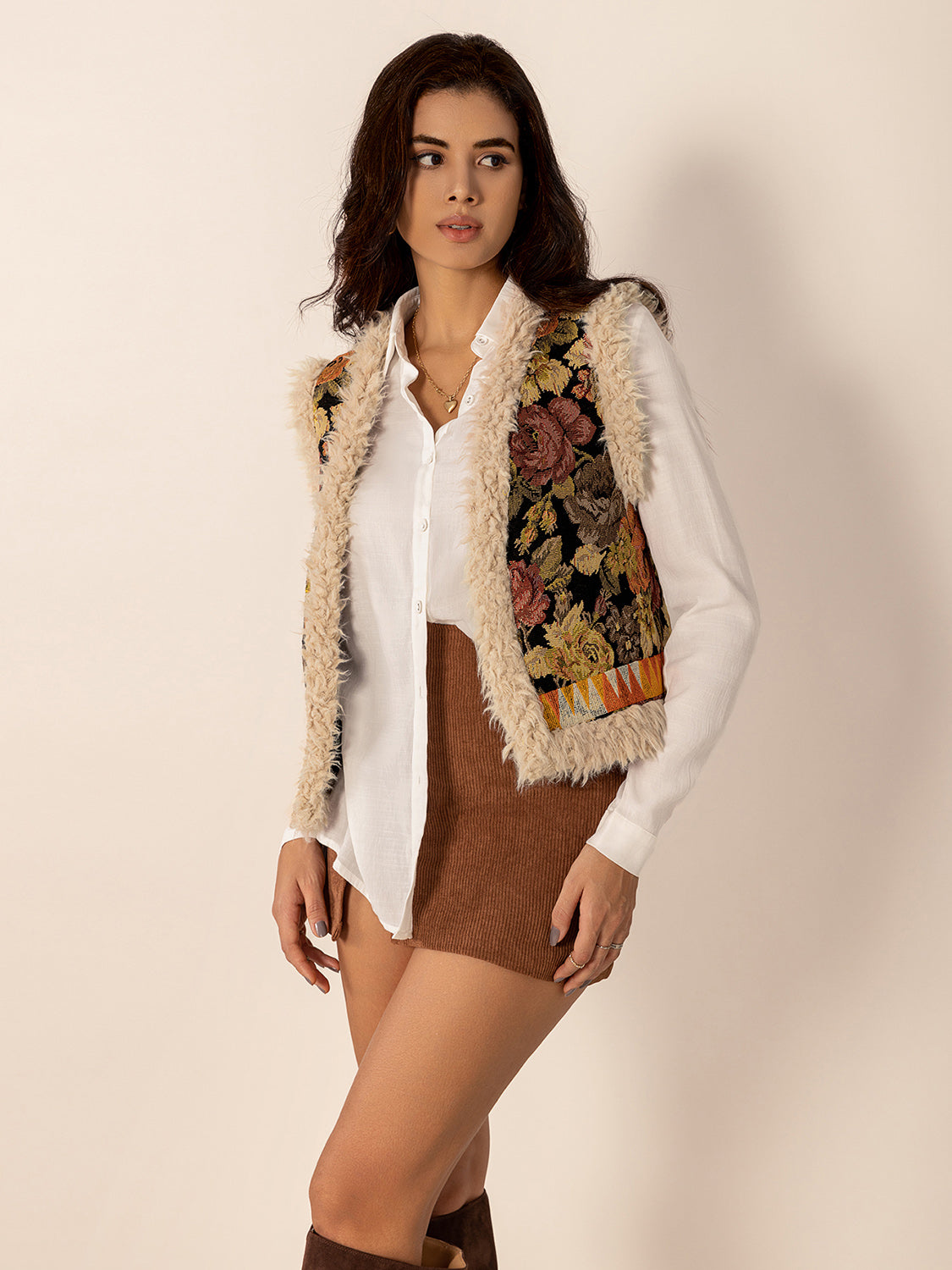 Embroidered Fuzzy Trim Open Front Vest Coat TEEK Trend