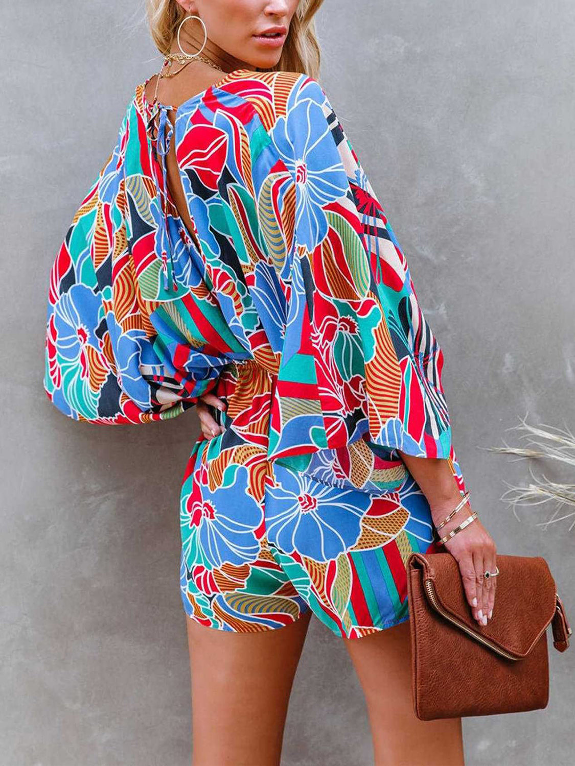 TEEK - Tied Printed Kimono Sleeve Romper JUMPSUIT TEEK Trend   