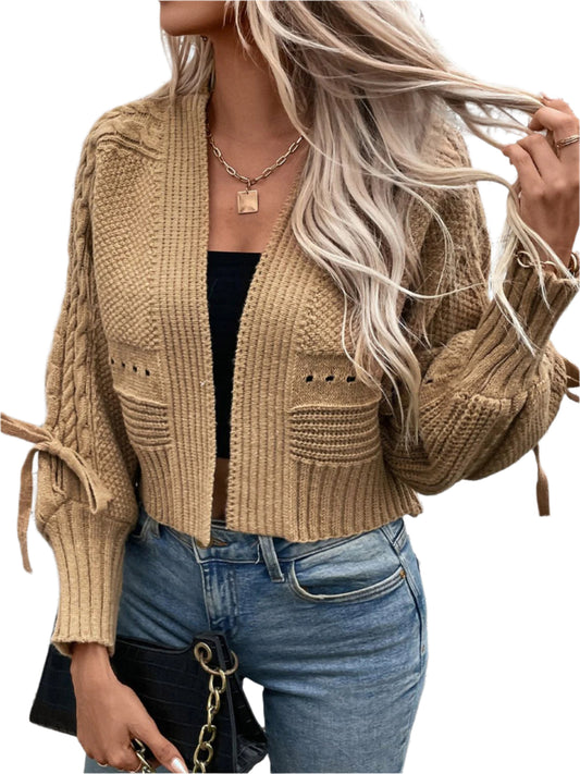TEEK - Cable-Knit Tied Open Front Lantern Sleeve Cardigan SWEATER TEEK Trend Camel S