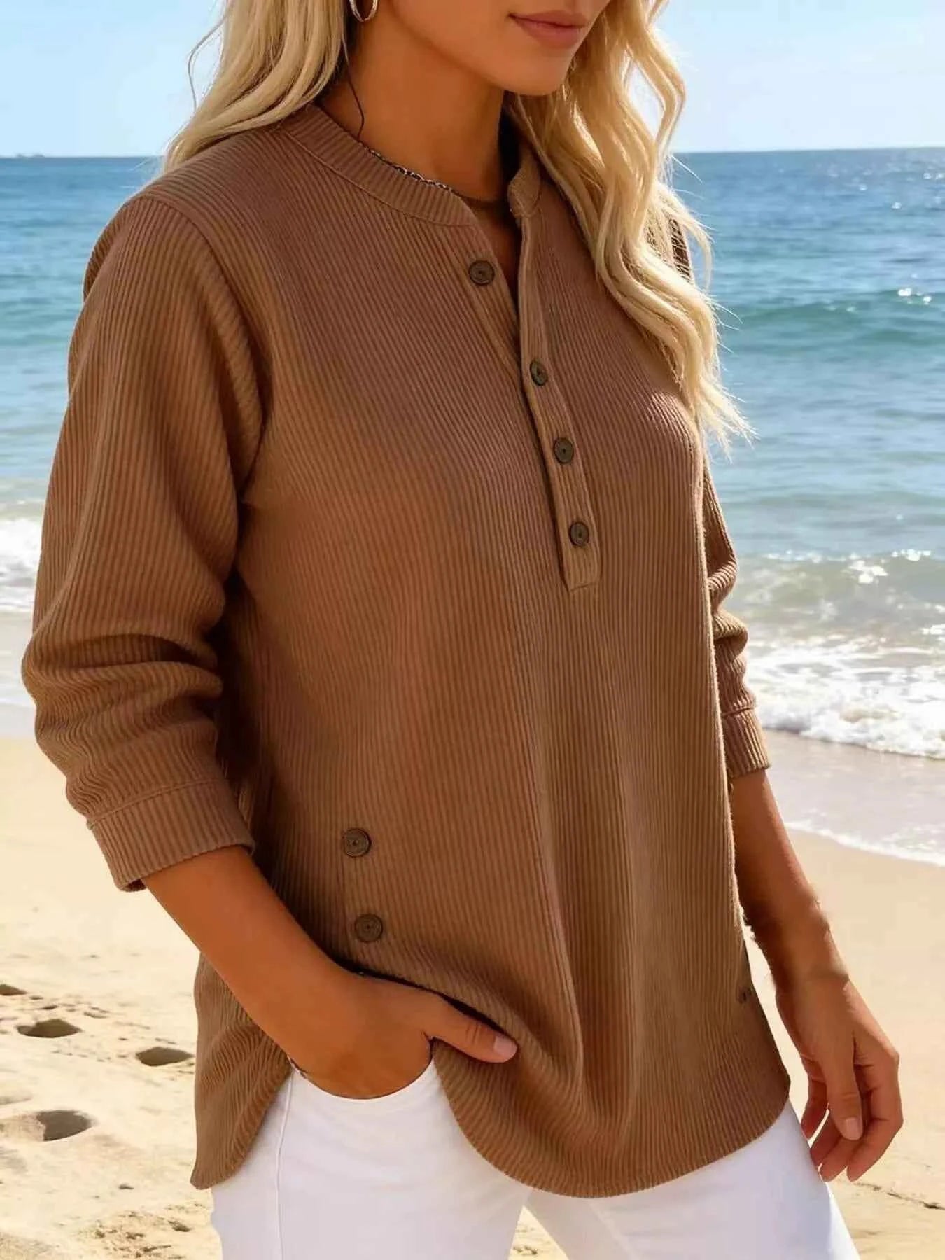 TEEK - Full Size Ribbed Half Button Henley Top Plus Size TOPS TEEK Trend Light Brown S