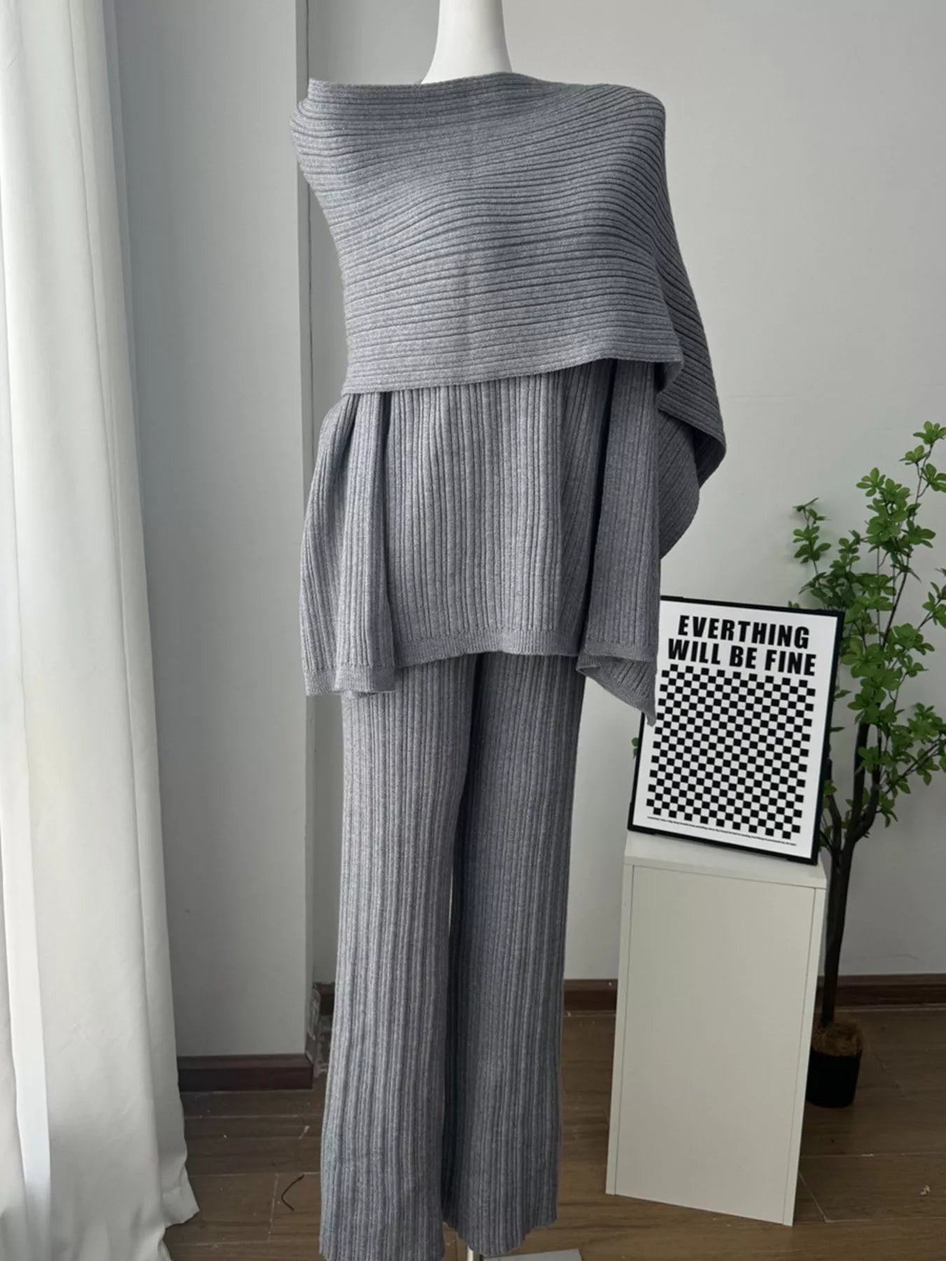 3-Piece Crew Neck Ribbed Sweater and Wide-Leg Pants Set with Scarf Trendsi