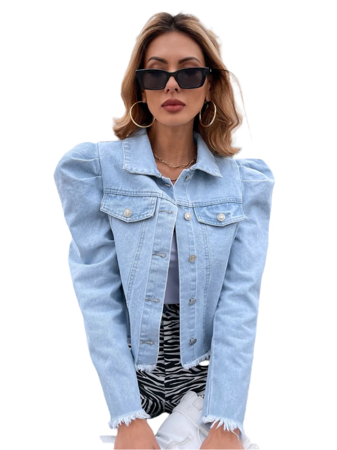 Raw Hem Collared Neck Puff Sleeve Denim Top TEEK Trend