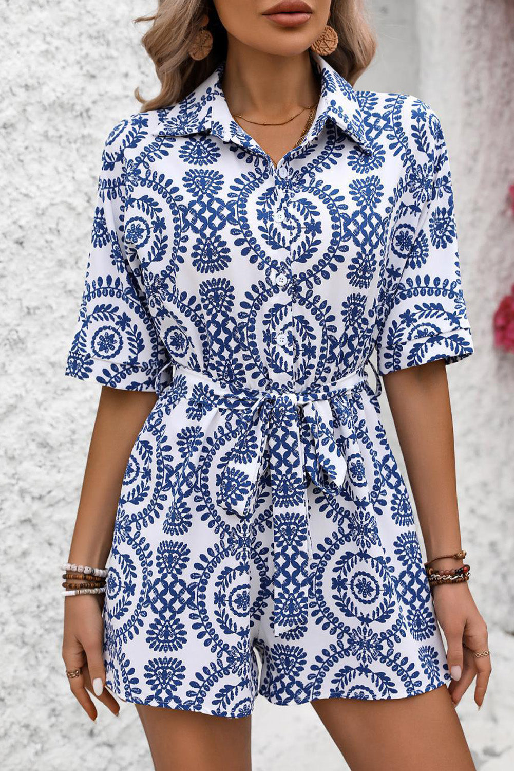 TEEK - Dark Blue Tied Printed Short Sleeve Romper JUMPSUIT TEEK Trend   