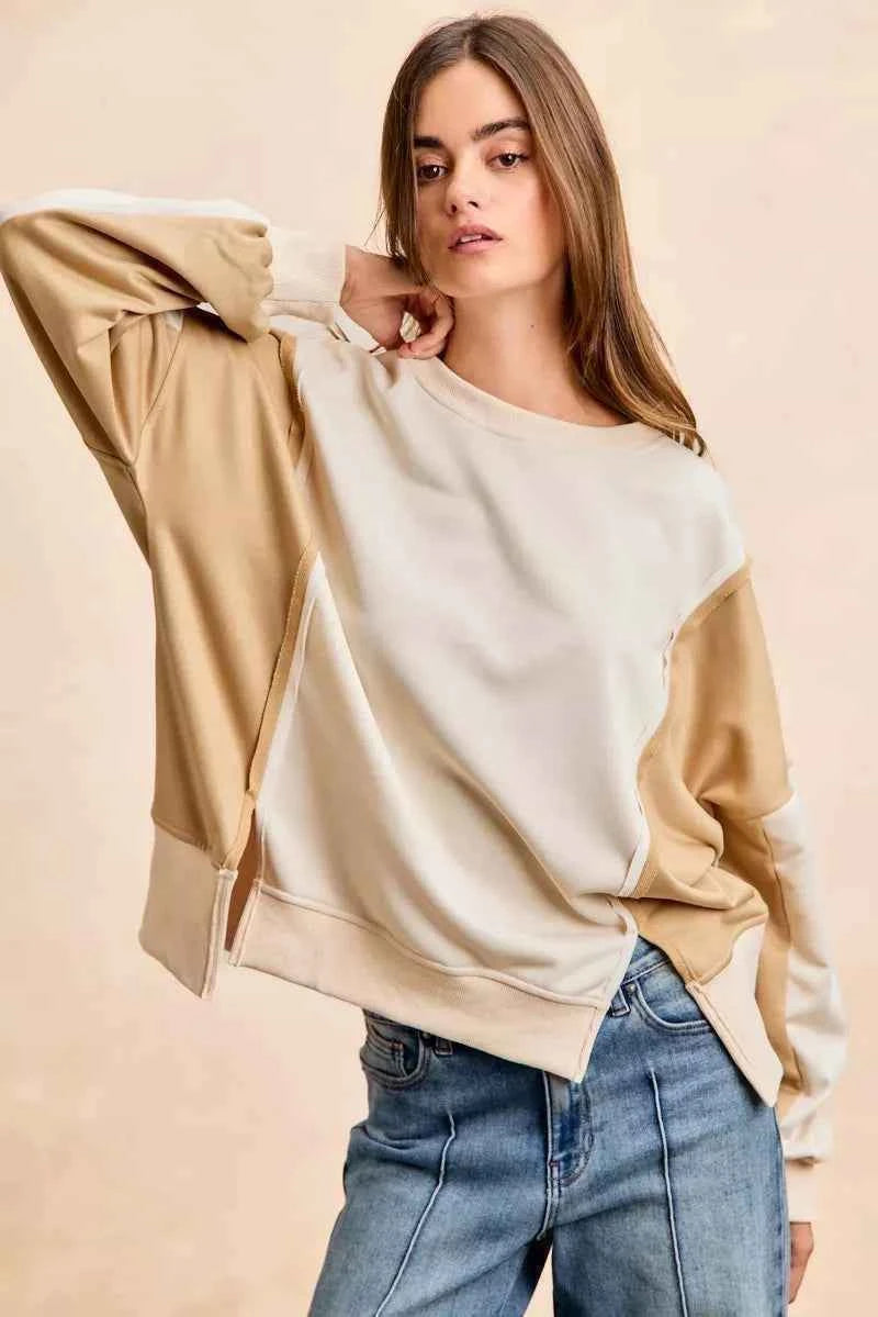 TEEK - French Terry Color Block Top With Open Seam Detail Trendsi