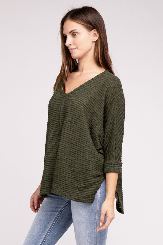 TEEK - 3/4 Sleeve V-Neck Hi-Low Hem Jacquard Sweater SWEATER TEEK FG   