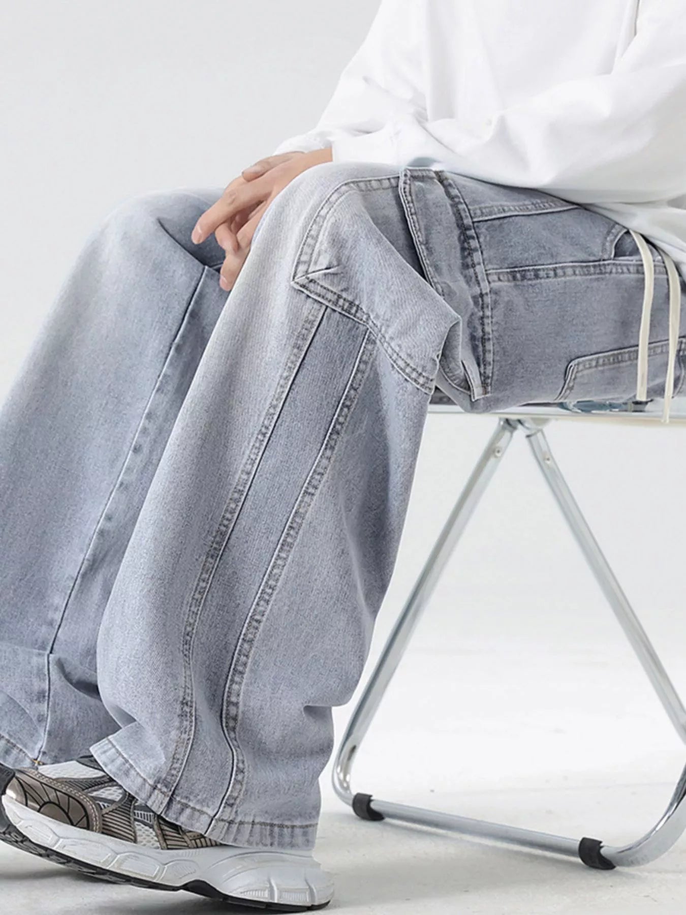 Men's Full Size Wash Wide Leg Cargo Jeans Plus Size Trendsi Light Blue S