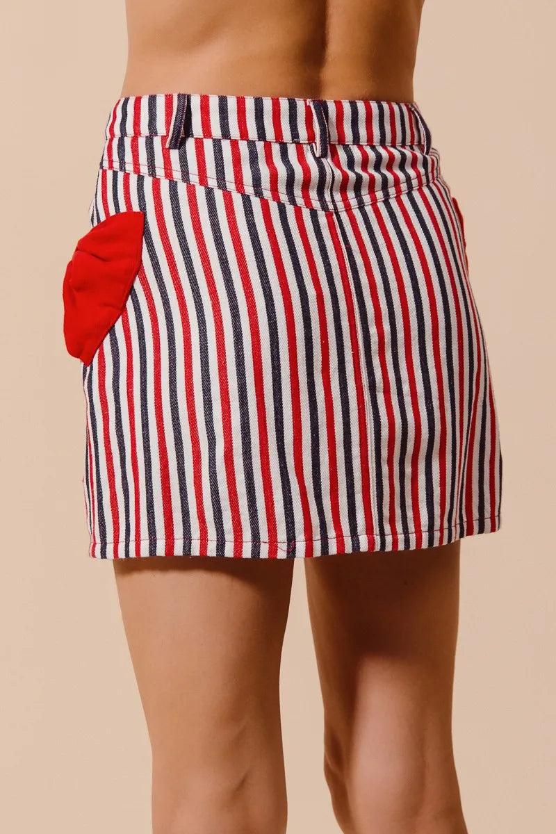 TEEK - Red Contrast Bow Knot Pocket Striped Denim Skirt SKIRT TEEK Trend
