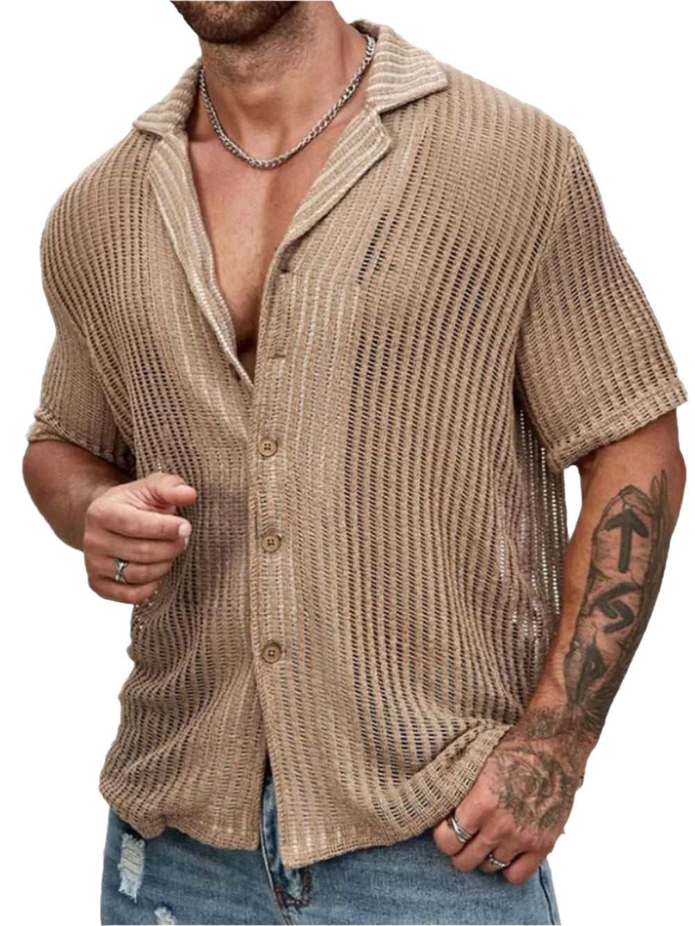 TEEK - Mens Openwork Buttoned Short Sleeve Shirt TOPS TEEK Trend Mocha S