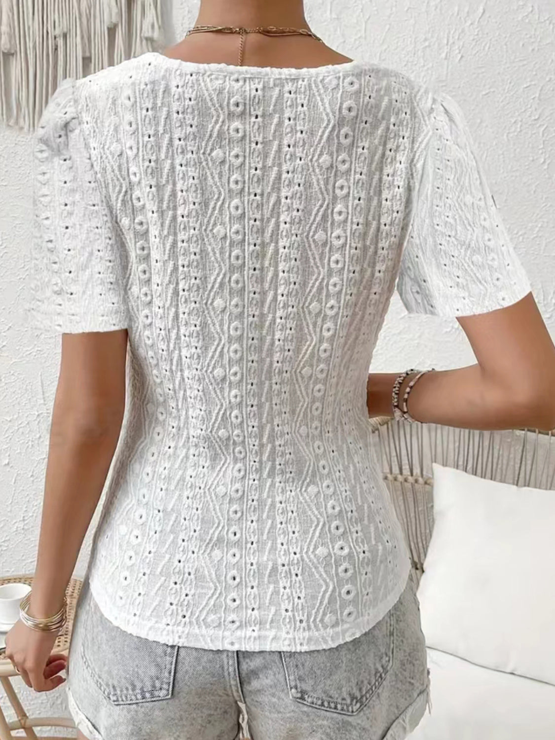 TEEK - White Eyelet Lace V-Neck Short Sleeve Blouse TOPS TEEK Trend   