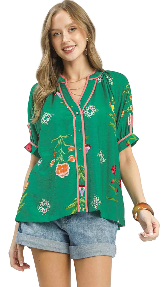 Umgee Botanical Print Contrast Trim Button Blouse Trendsi EMERALD S