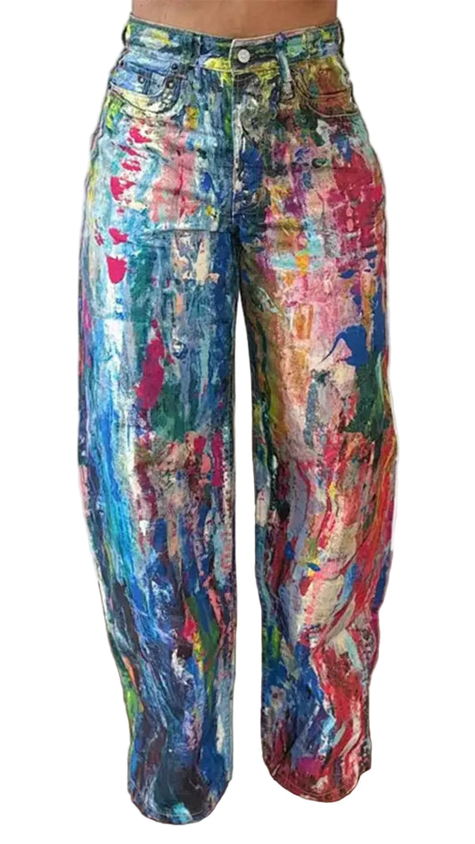 Painted Wide Leg Pants Trendsi Cerulean S