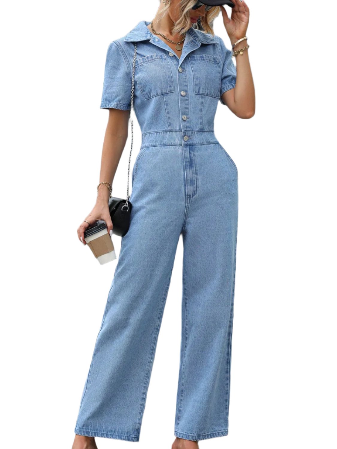 TEEK - Short Sleeve Wide Leg Denim Jumpsuit JUMPSUIT TEEK Trend XS  