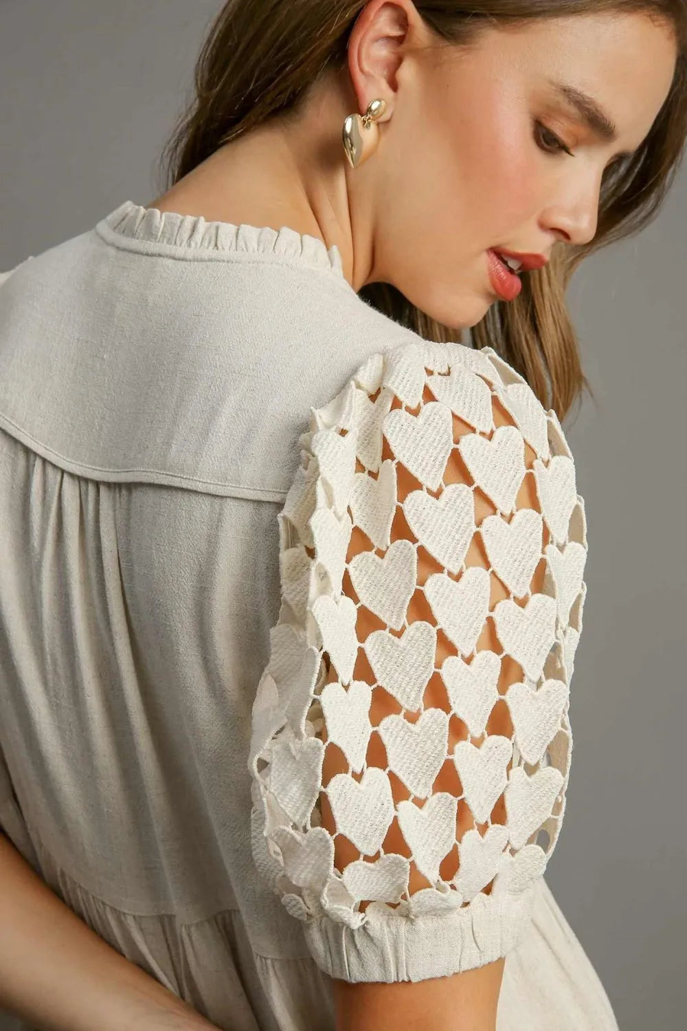 TEEK - Oatmeal Ruffled Hem Heart Lace Sleeve Tie Neck Dress DRESS TEEK Trend