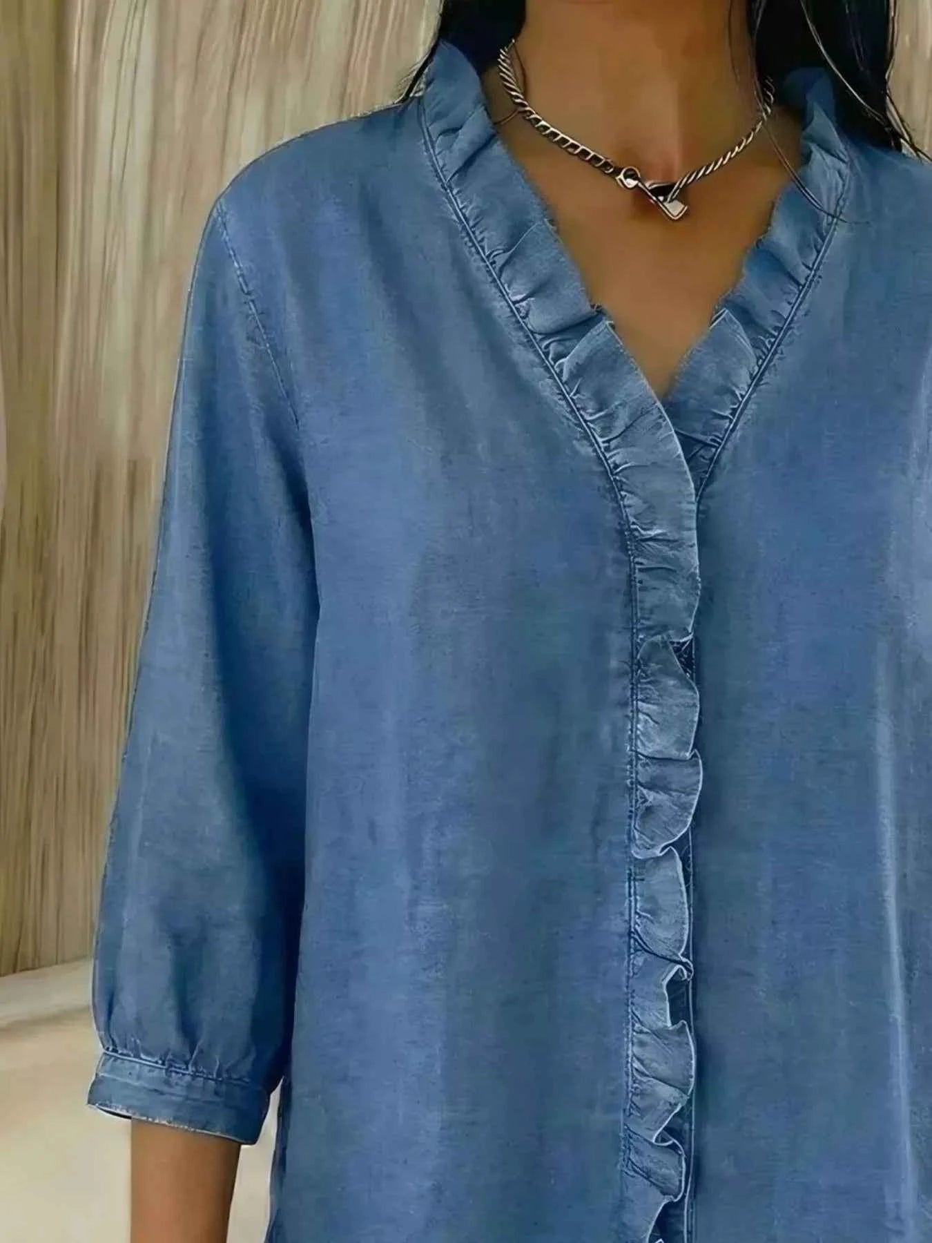TEEK - Full Size V-Neck Ruffled Button Down Shirt Plus Size TOPS TEEK Trend