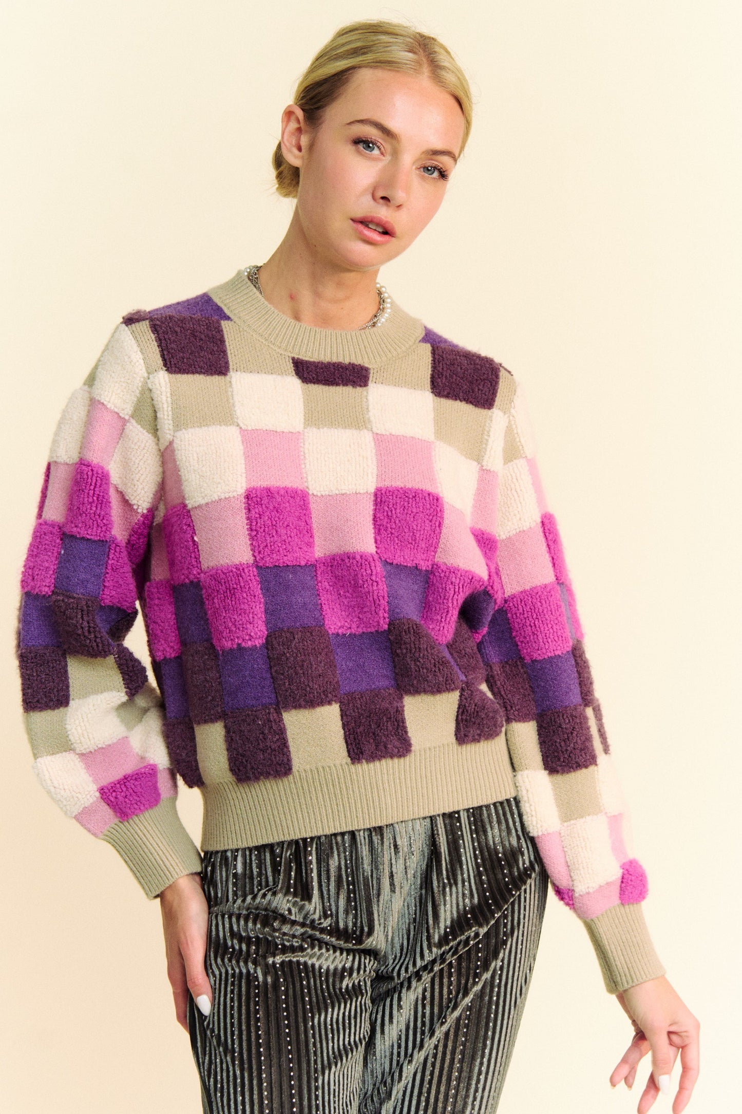TEEK - Purple Multi Checkered Round Neck Long Sleeve Sweater TOPS TEEK Trend