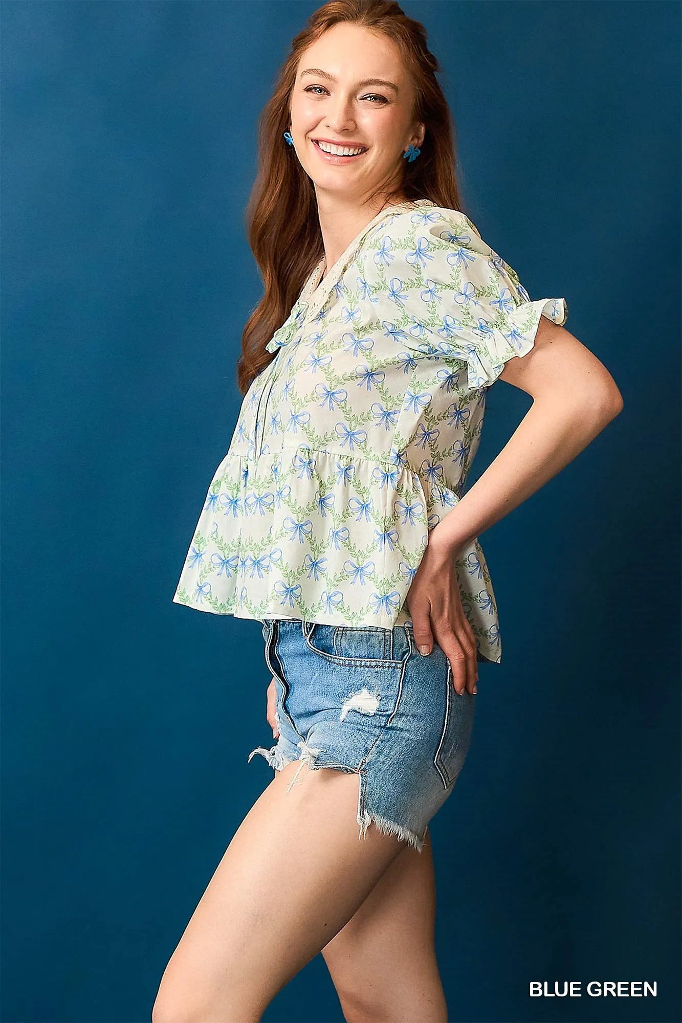 TEEK - Blue Green Lace Detail Bow Flounce Sleeve Blouse TOPS TEEK Trend