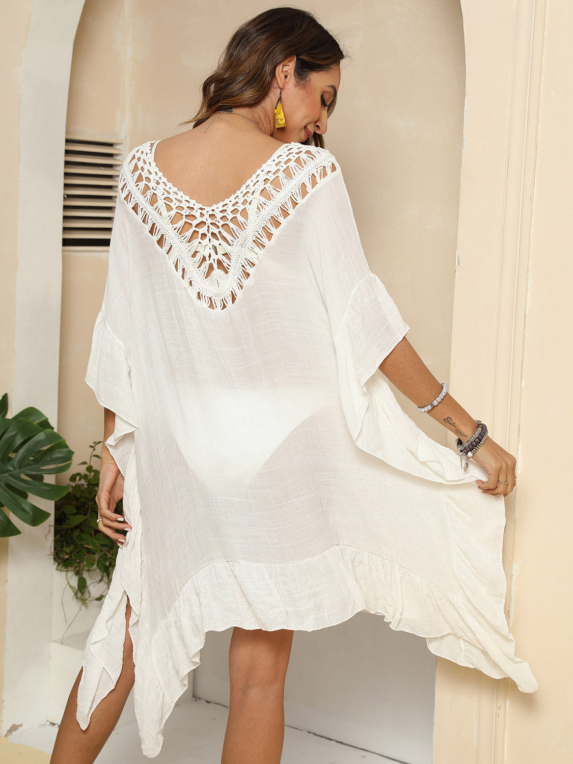 TEEK - Cutout Ruffled Half Sleeve Cover-Up SHAWL TEEK Trend   