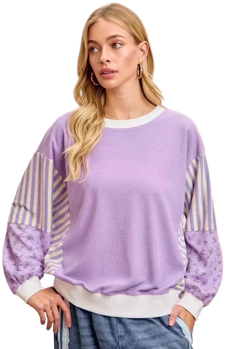 TEEK - Mix and Match Sweatshirt with Floral Sleeve Striped TOPS TEEK Trend LAVENDER COMBO S