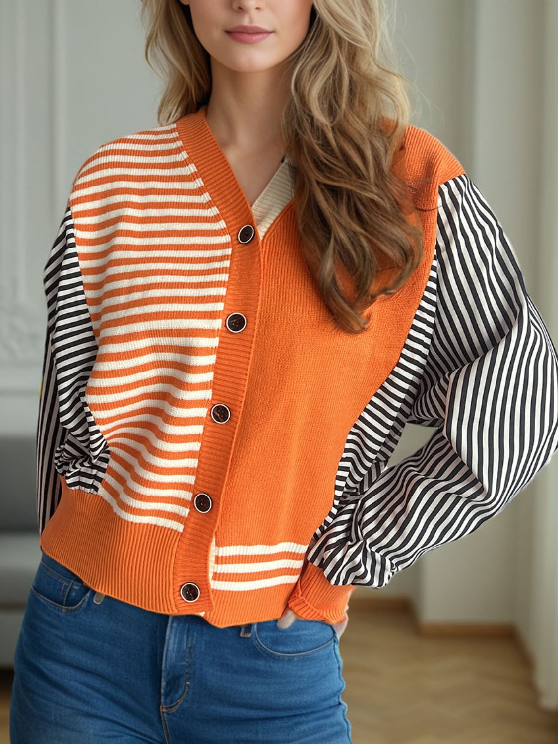 Striped Button Down Long Sleeve Cardigan TEEK Trend