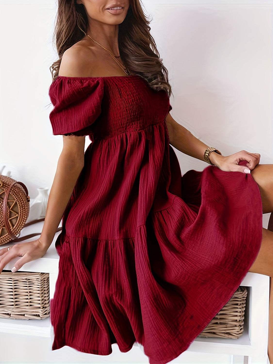 TEEK - Ruffled Off-Shoulder Short Sleeve Dress DRESS TEEK Trend Burgundy S 