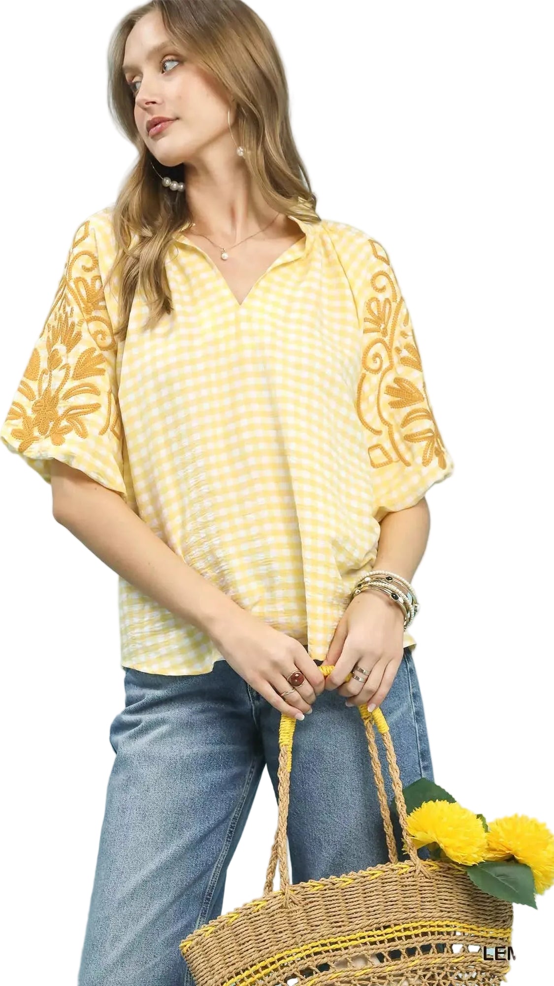 TEEK - Gingham Embroidered Balloon Sleeve Top TOPS TEEK Trend LEMON S