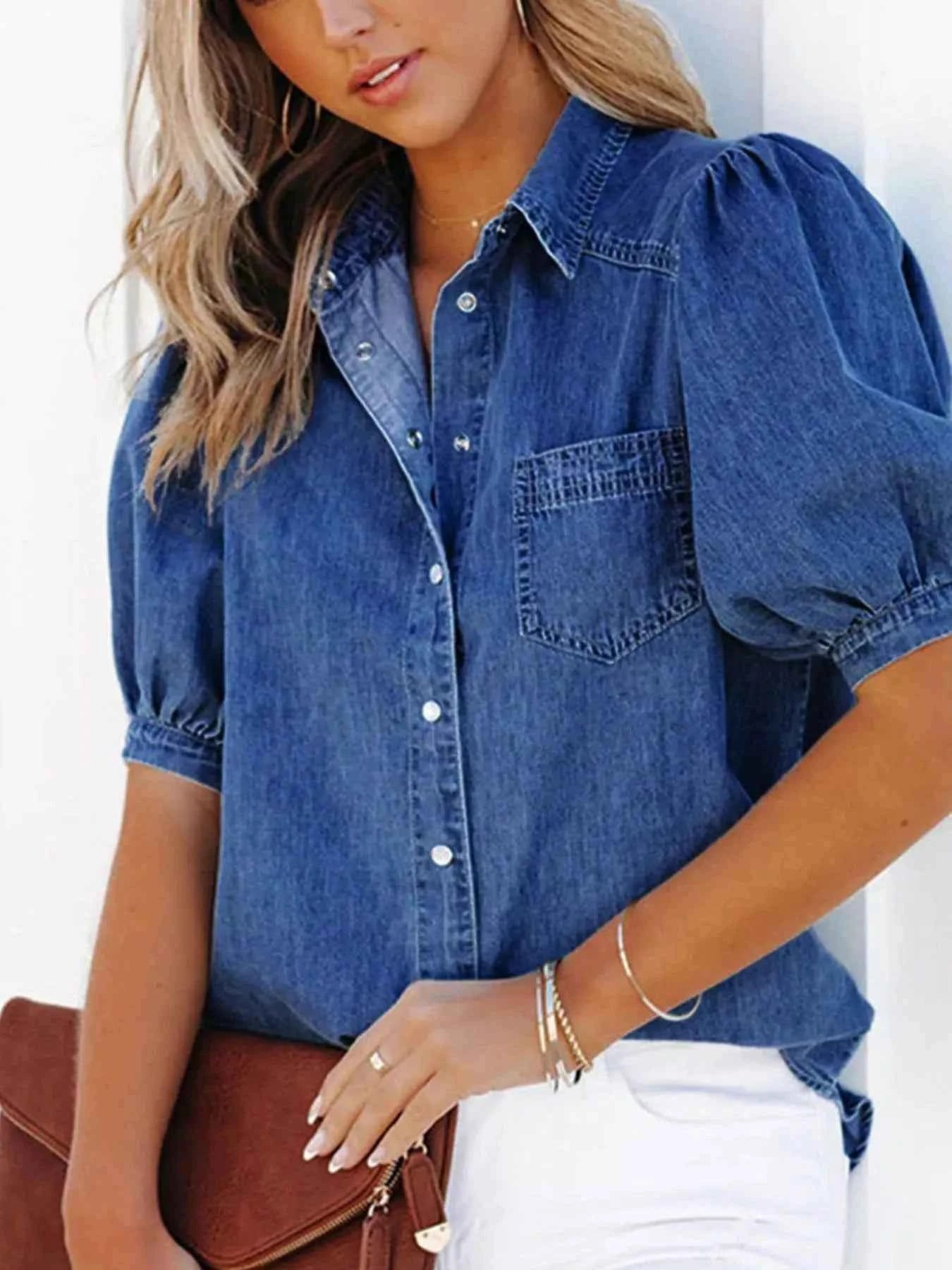 Puff Sleeve Button-Down Denim Top Trendsi
