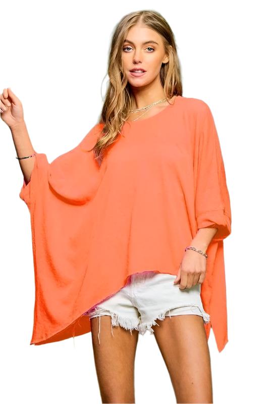 TEEK - Solid Round Neck Loose Fit Kimono Sleeve Sweater TOPS TEEK FG Coral Orange S 