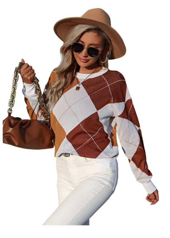 TEEK - Brown Knitted Diamond Checkered Sweater TOPS TEEK K S  