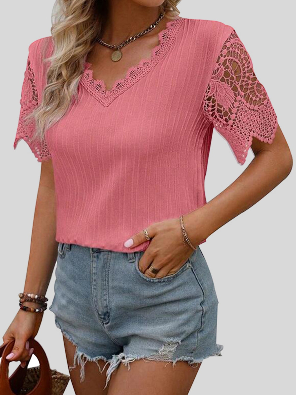 TEEK - Lace Detail V-Neck Short Sleeve Blouse TOPS TEEK Trend Burnt Coral S 