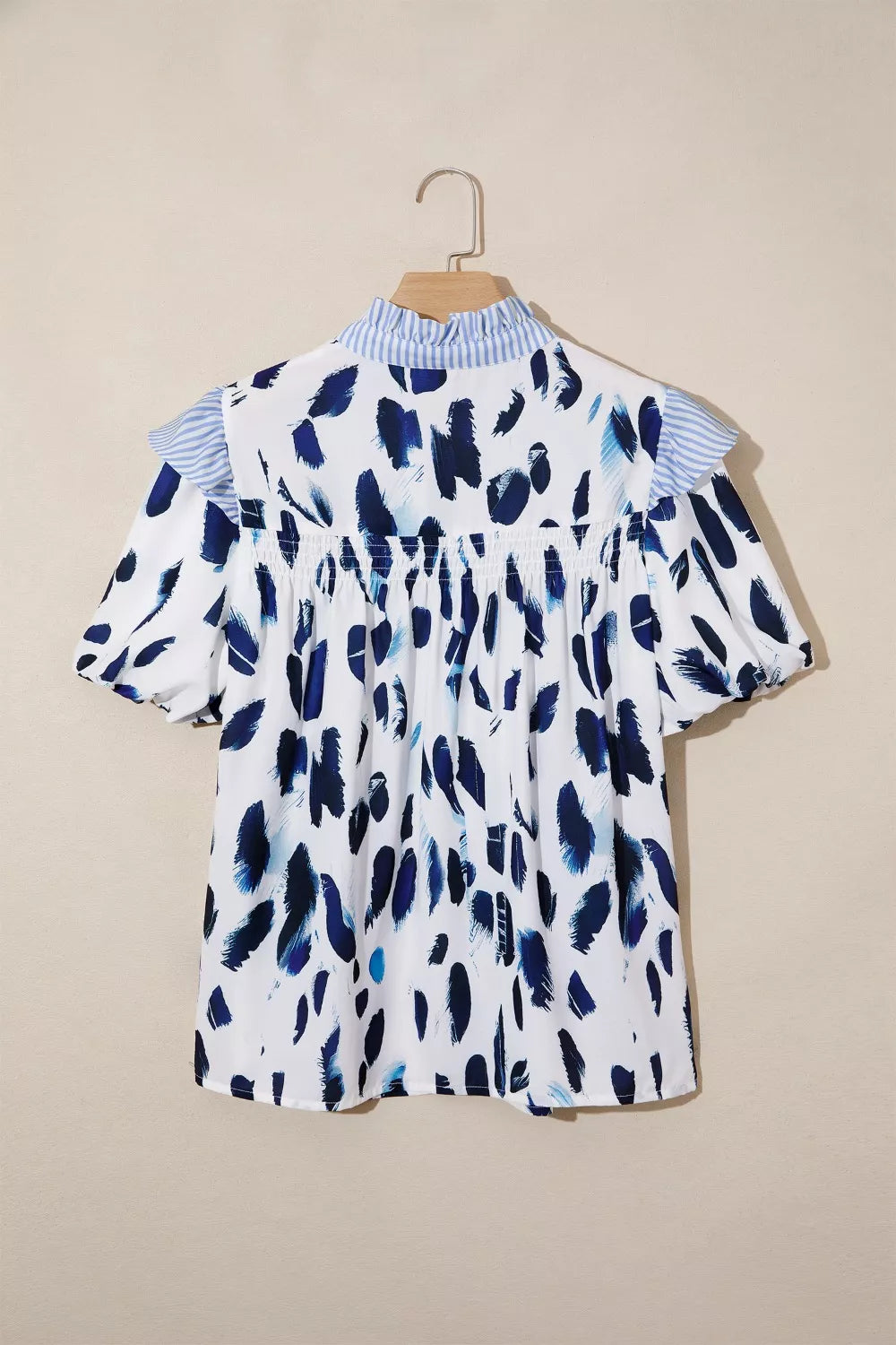 Abstract Animal Print Striped Ruffle Trim V Neck Blouse Trendsi