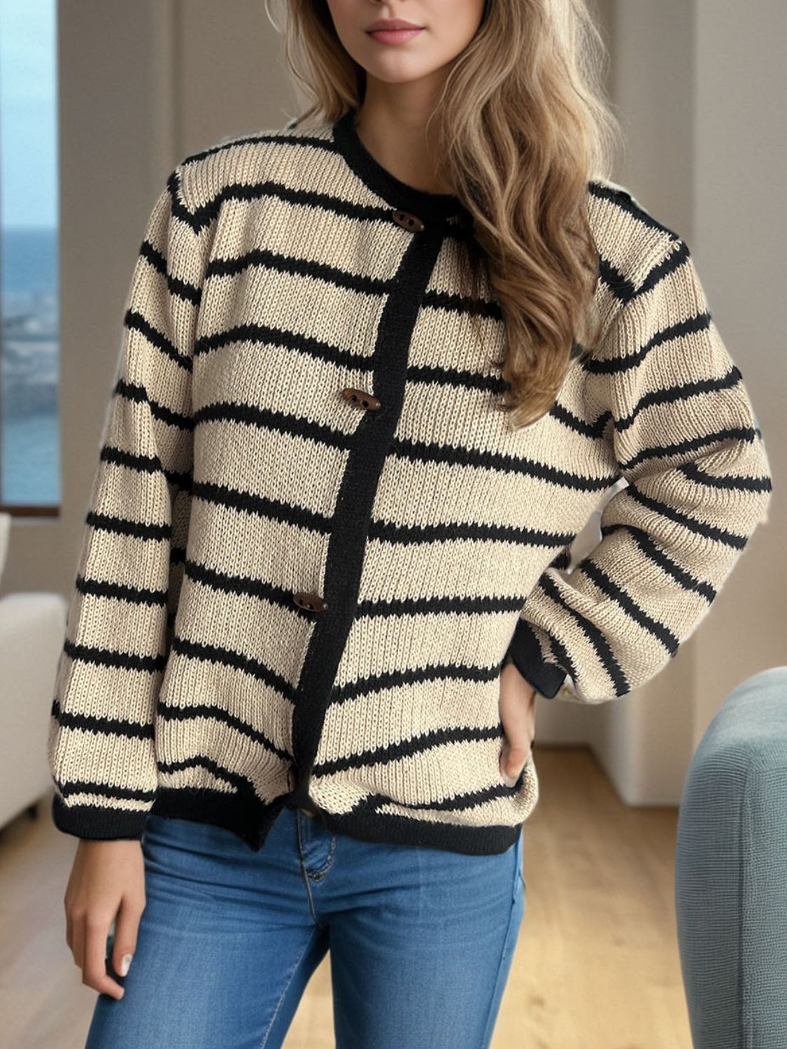 TEEK - Striped Round Neck Long Sleeve Cardigan TEEK Trend Tan One Size