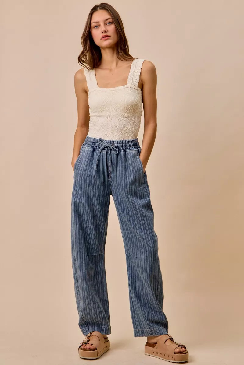 TEEK - Striped Denim Barrel Jeans Drawstring Waistband JEANS TEEK Trend