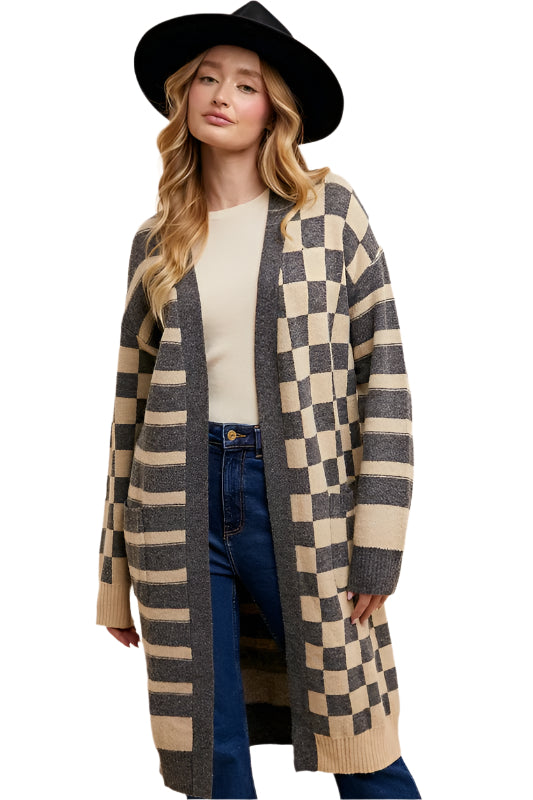 TEEK - Dark Grey Checkered Striped Open Front Long Sleeve Cardigan SWEATER TEEK Trend S