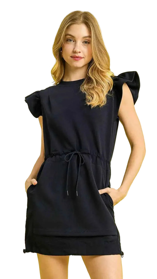 Umgee Luxe knit Ruffle Sleeve Drawstring Mini Dress