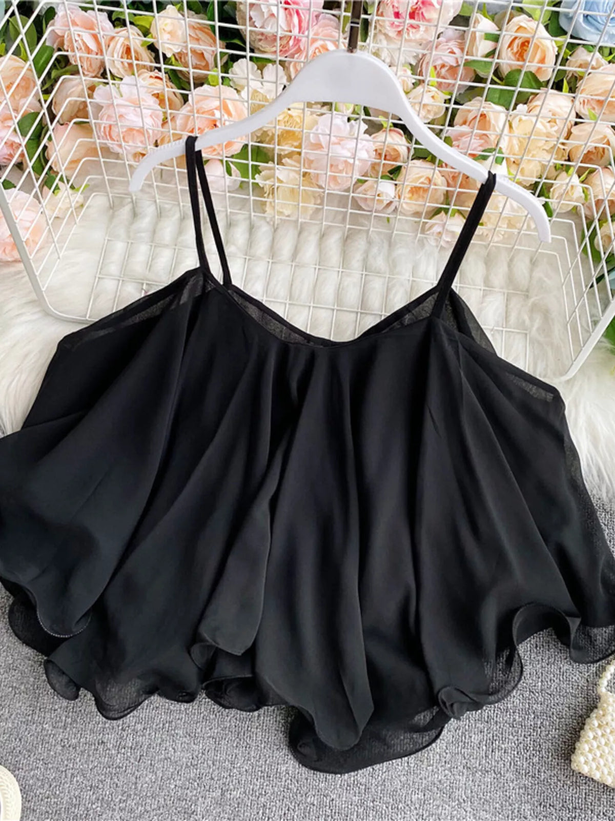Ruffled Flowy Cami Trendsi Black One Size