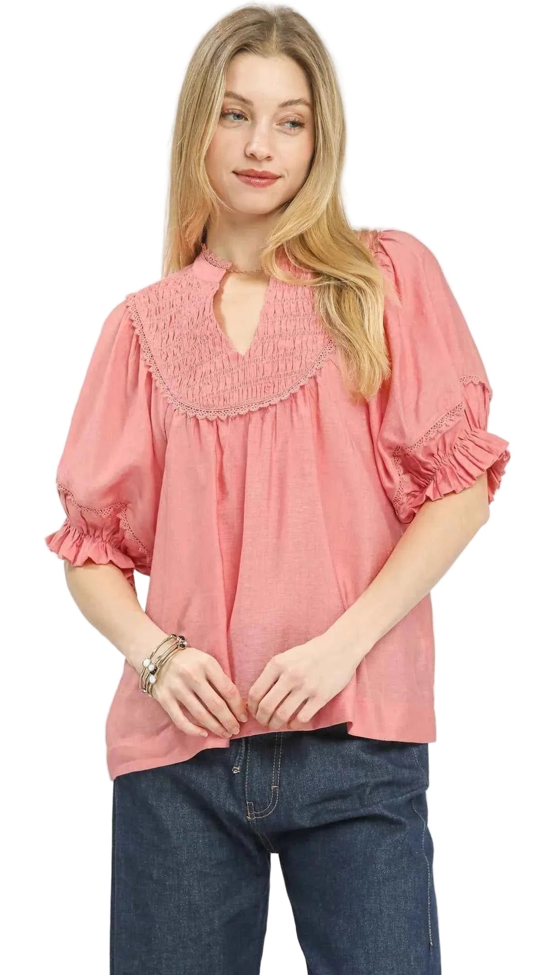 Umgee Smocked Yoke Blouse with Ruffle Sleeves Trendsi CORAL PINK S