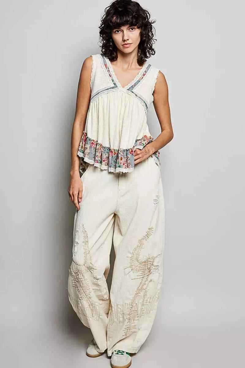 TEEK - Lace Detail Ruffled Ribbed Sleeveless Floral Top TOPS TEEK Trend