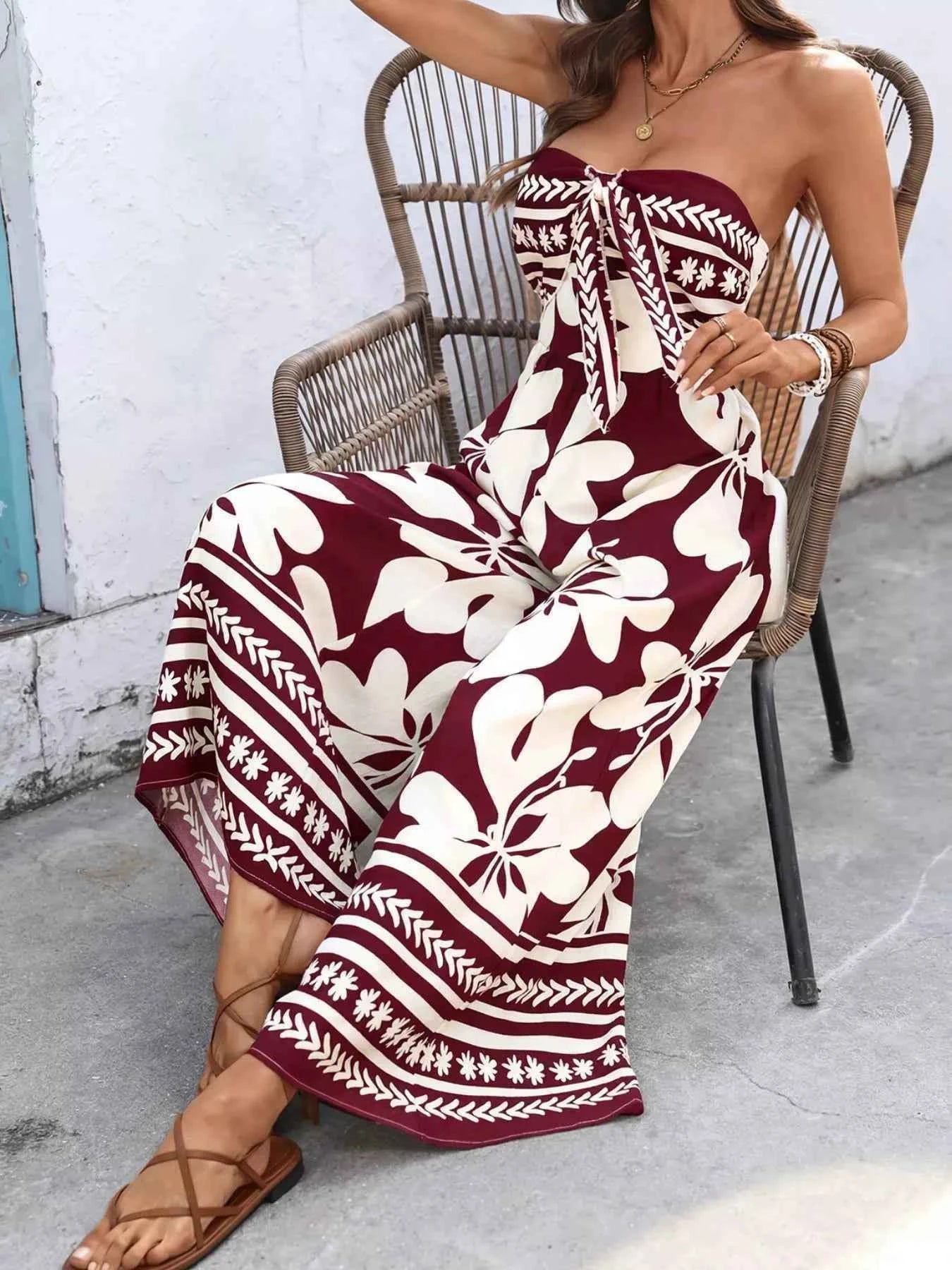 TEEK - Floral Print Tie Front Strapless Wide Leg Jumpsuit JUMPSUIT TEEK Trend
