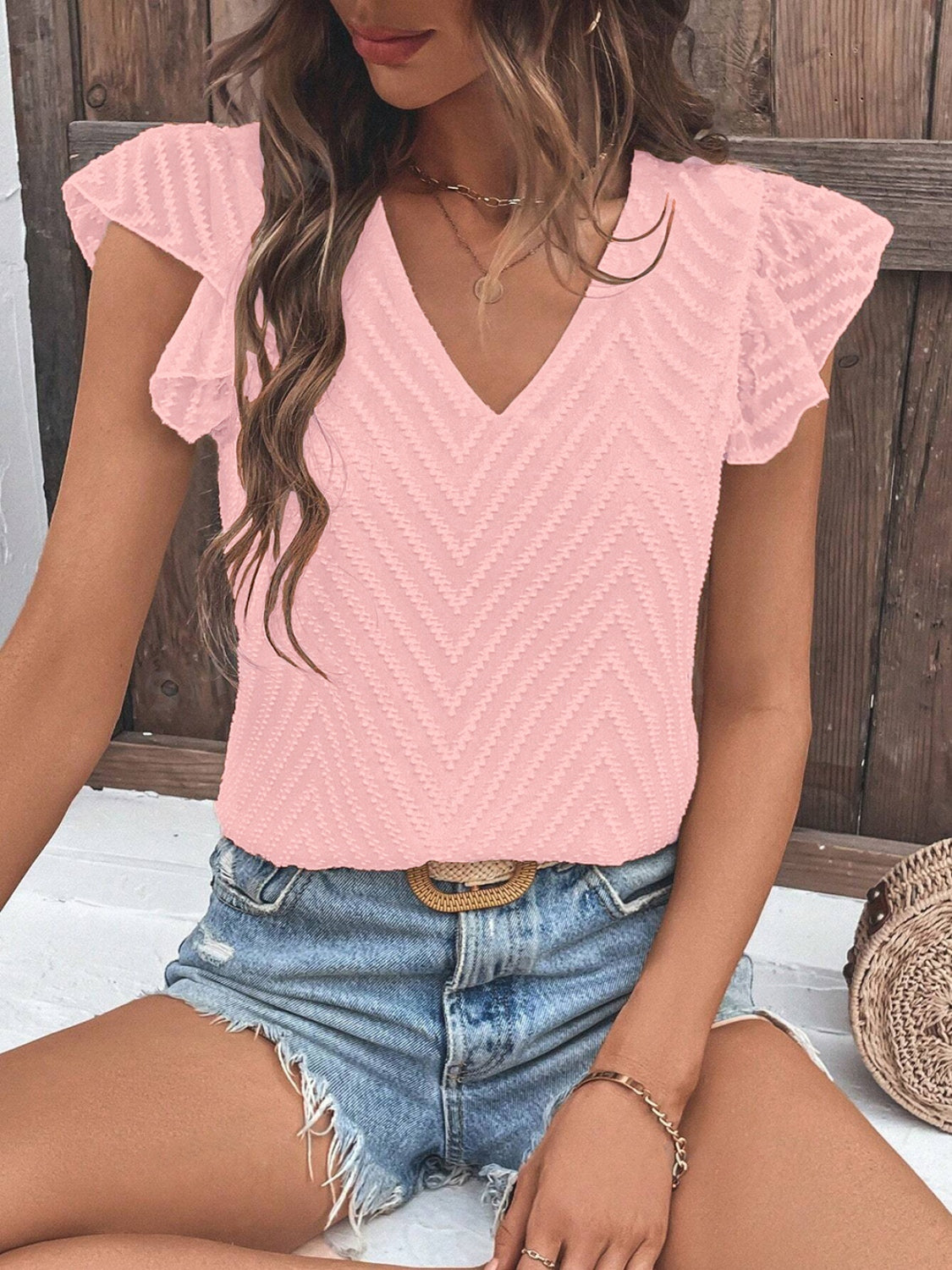 TEEK - Textured V-Neck Cap Sleeve Blouse TOPS TEEK Trend Blush Pink S 