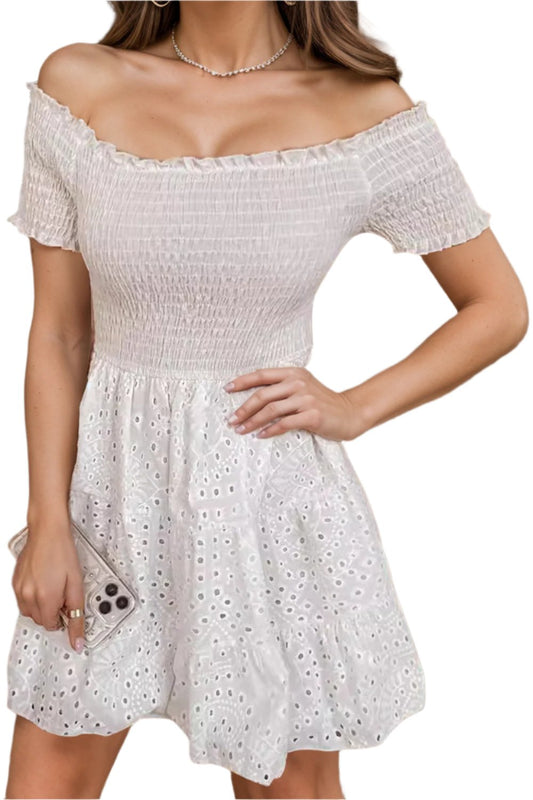 TEEK - White Smocked Off-Shoulder Short Sleeve Dress DRESS TEEK Trend   